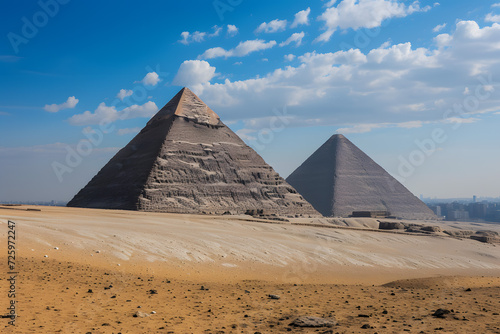 The Three Pyramids of Giza in the Desert