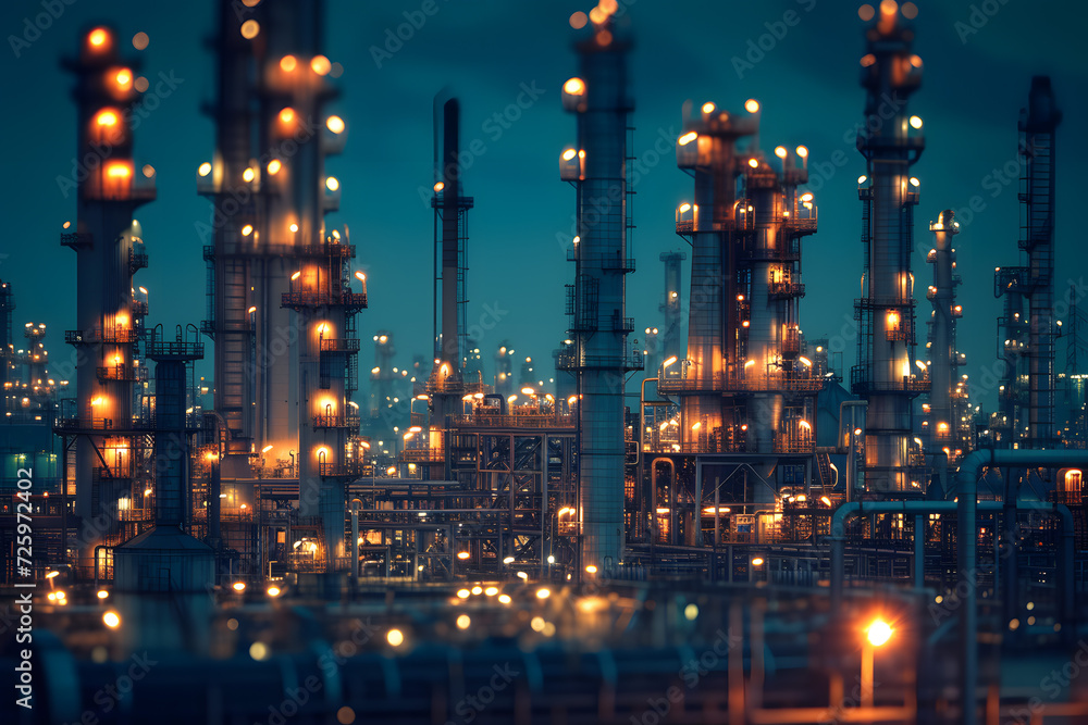 Illuminated Oil Refinery at Night