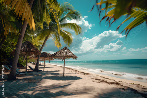 Sandy Beach With Palm Trees and Umbrellas