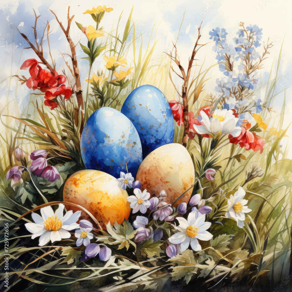 Easter postcard, square. Colorful Easter eggs in watercolor painting style in the spring flowers in the sunshine.