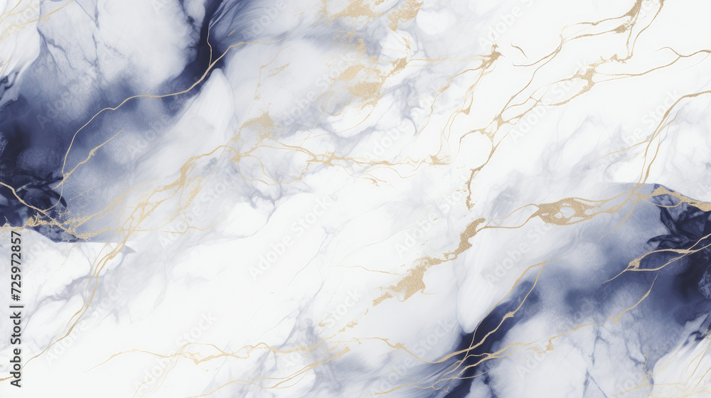 Beautiful marble background in blue, gold, white. Template for invitation or creative backdrop. Acrylic paint pouring technic.