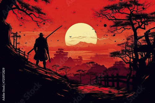 illustration, setting sun with a Japanese dark red sky