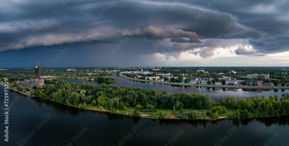 Thunderstorm over Riga. Huge thunderstorm dark clouds over the city of Riga
