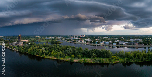 Thunderstorm over Riga. Huge thunderstorm dark clouds over the city of Riga