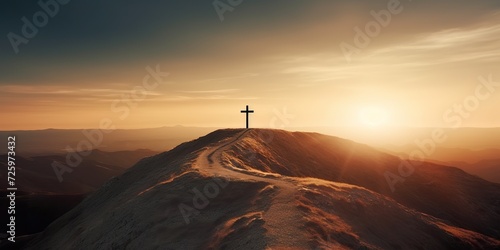 minimalistic design Christian cross on hill outdoors at sunrise. Resurrection of Jesus photo