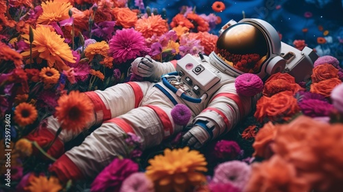 illustration, astronaut lying on a bed of roses