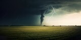 minimalistic design Black tornado funnel and lightning over field during thunderstorm