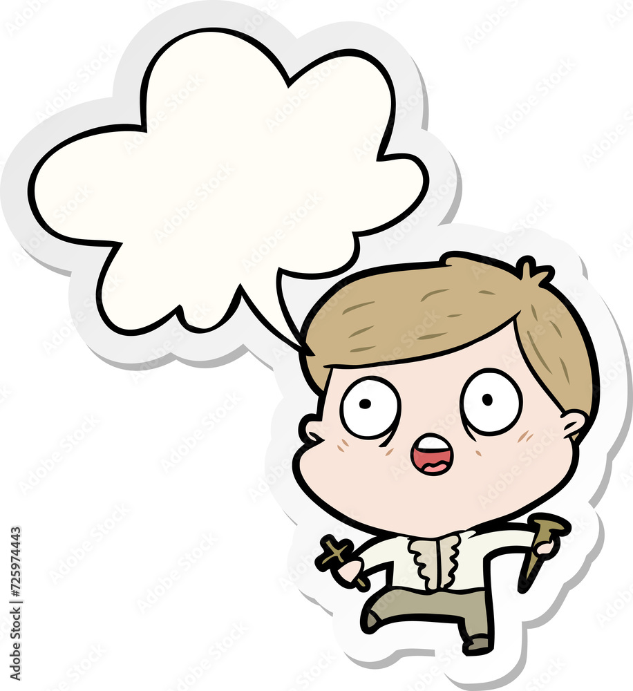 cartoon frightened man hunting halloween vampires and speech bubble sticker cartoon frightened man hunting halloween vampires and speech bubble sticker