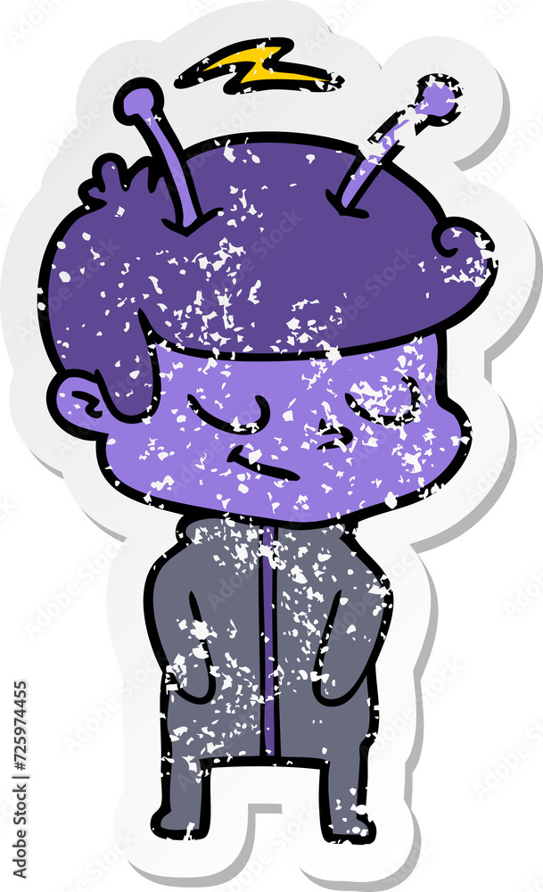 distressed sticker of a friendly cartoon spaceman distressed sticker of a friendly cartoon spaceman
