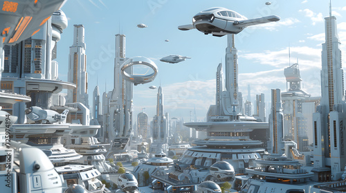 A futuristic cityscape with flying cars and skyscrapers. wallpaper and background. Generative AI.