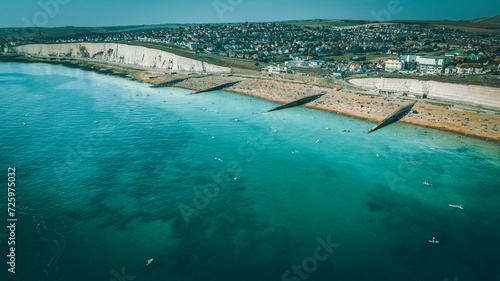 Aerial view of Rottingdean and Brighton coast blue waters  East Sussex  UK.
