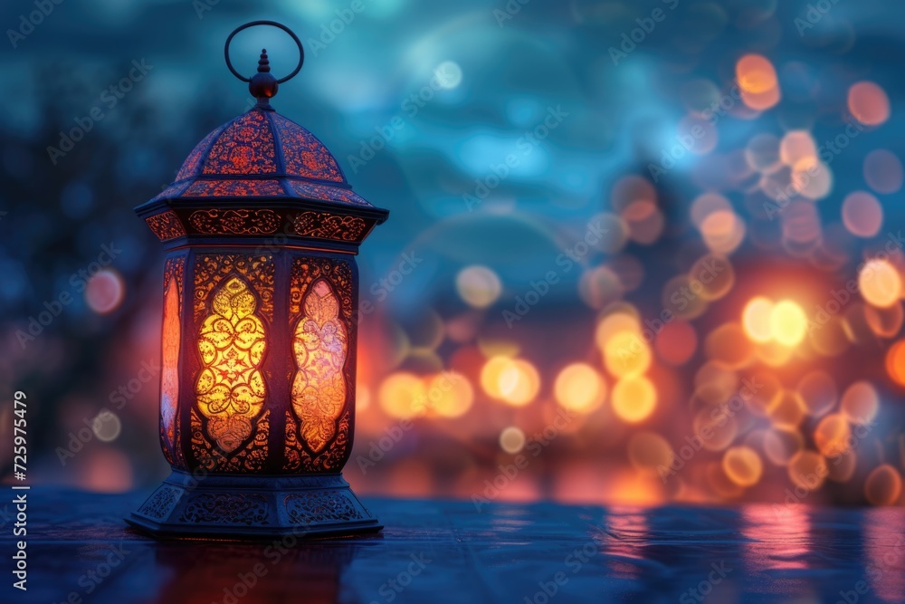 Ramadan lantern with sunset and city background Ramadan lantern with sunset and city background