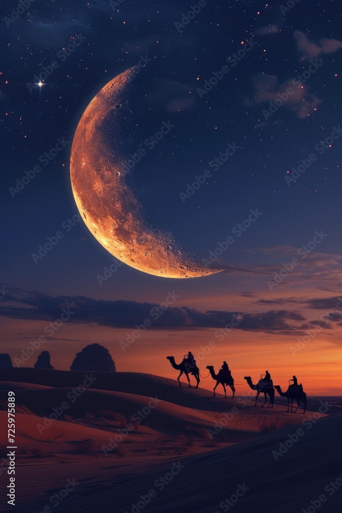 Fototapeta premium Camel caravan with crescent moon in the desert