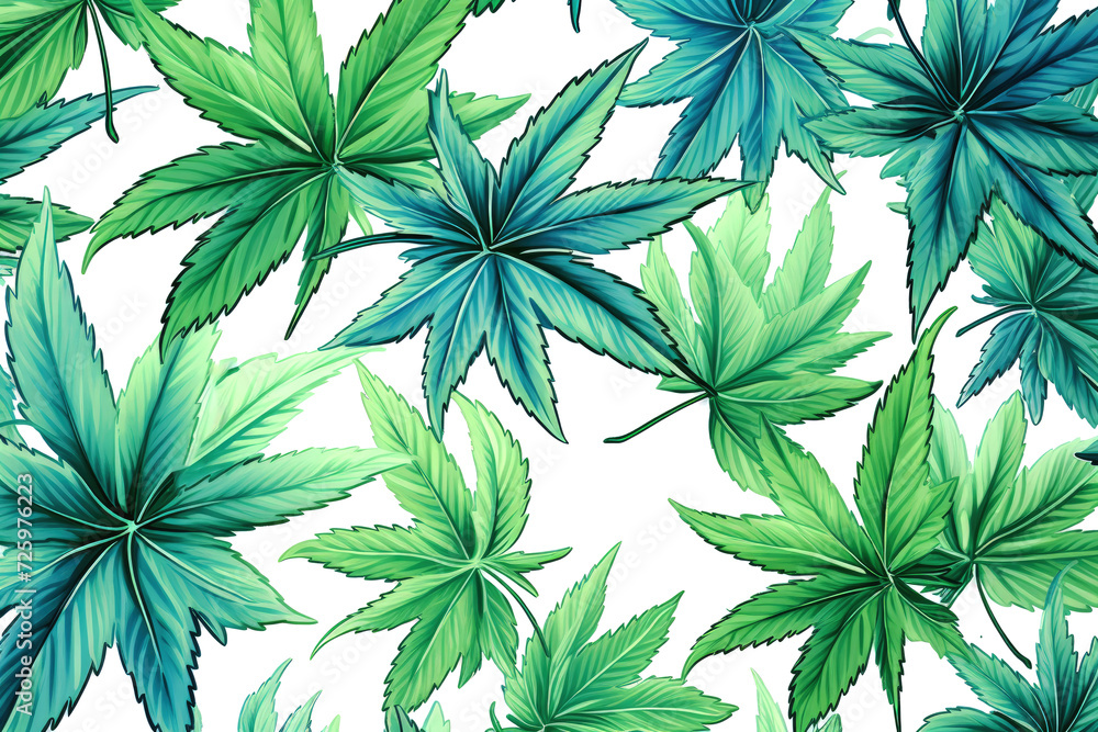Floral background, many cannabis or hemp leaves in watercolor painting style on white background