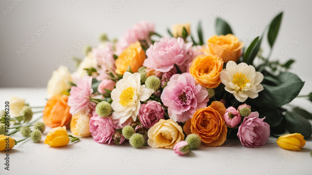 a bouquet of spring flowers on a white background. Pastel color. Wedding mockup. a bouquet of spring flowers on a white background. Pastel color. Wedding mockup.