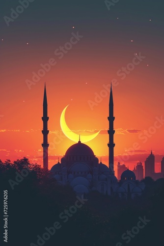 Mosque and crescent moon islamic silhouette