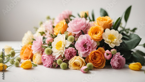 a bouquet of spring flowers on a white background.  Pastel color. Wedding mockup.