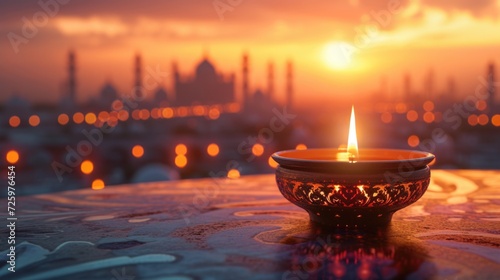 Decorative candle and silhouette of the city and mosque