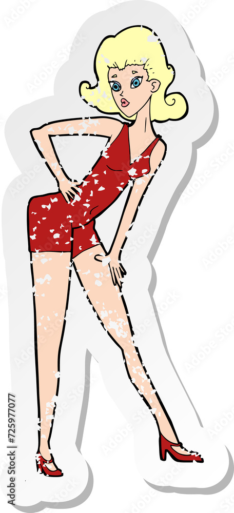retro distressed sticker of a cartoon model woman posing retro distressed sticker of a cartoon model woman posing