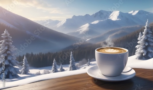 a cup of coffee on a wooden board, against a background of forest and snow-covered mountains. © A_A88