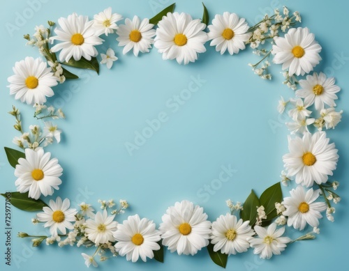Spring floral composition. Frame of white daisy flowers on a blue pastel background. For cards, invitations and design. Flat layout, top view, copy space