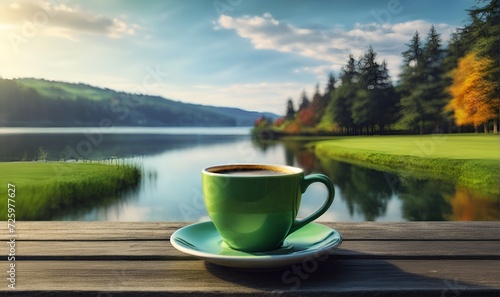 a cup of coffee on a wooden board, against the background of a lake forest and a green lawn