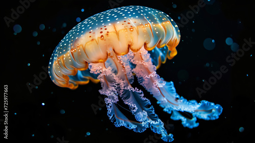A mesmerizing, vibrant photo capturing the vibrant hues and graceful tentacles of a jellyfish, set against a captivating black backdrop. This captivating image showcases the unique beauty an
