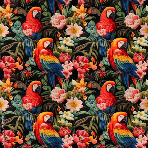Fabrics embroidered seamless patterns of vibrant colorful parrot garden for various creative lovers and home decorating enthusiasts.NO.02