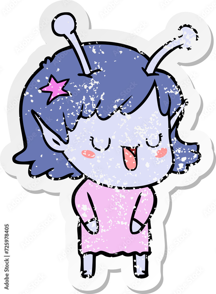 distressed sticker of a happy alien girl cartoon distressed sticker of a happy alien girl cartoon