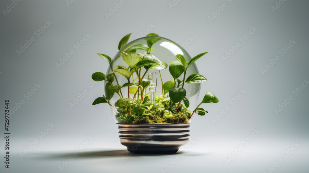 Energy saving light bulb and tree growing on the ground on bokeh nature background. Saving, accounting and financial concept Idea of renewable energy and saving energy.