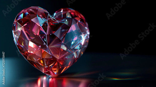 A mesmerizing 3D crystal heart icon, exquisitely crafted and illuminated, elegantly isolated on a sleek black background. Perfect for expressing love, affection, and romance in modern digita