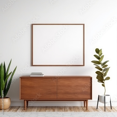 Minimalist Elegance: White Wall Living Room Poster Mockup with Wooden Sideboard and Green Accent
