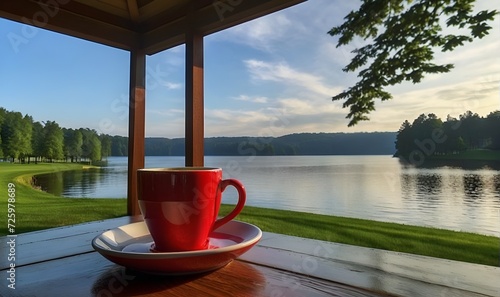 a cup of coffee on a wooden board, against the background of a lake forest and a green lawn