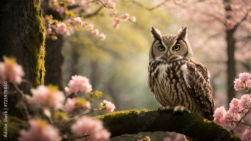 owl sitting on branch in spring owl sitting on branch in spring