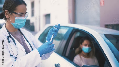 Doctor, car and woman for vaccine injection, medical support or disease protection from covid. Medicine vial, monkeypox or healthcare worker with syringe, immunization or booster shot for patient photo