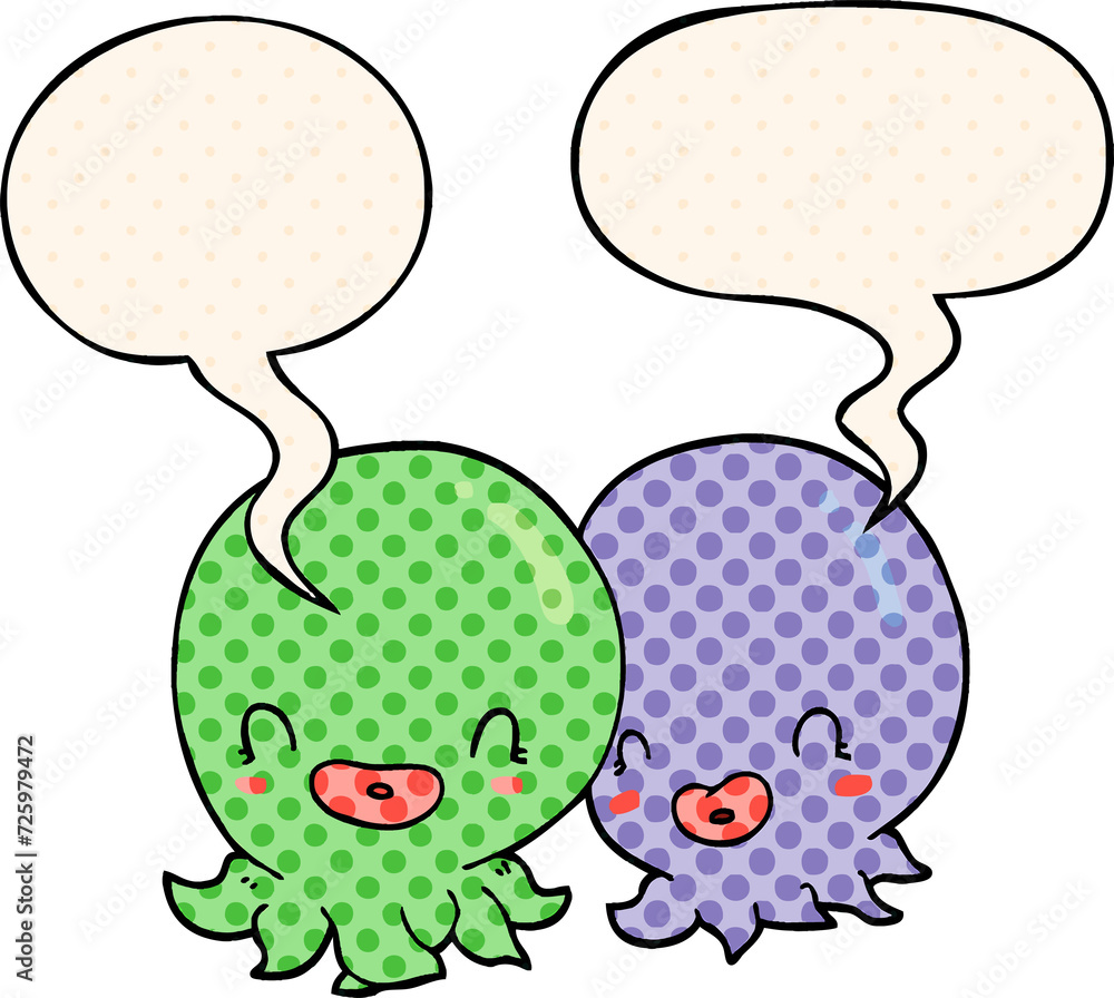two cartoon octopi  and speech bubble in comic book style