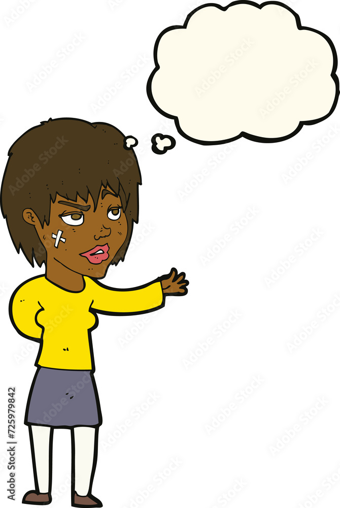 cartoon woman with sticking plaster on face with thought bubble cartoon woman with sticking plaster on face with thought bubble
