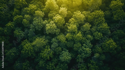 Aerial top view forest tree, Rainforest ecosystem and healthy environment concept background, Texture of green tree forest view from above, Beautiful sunrise over the mountains