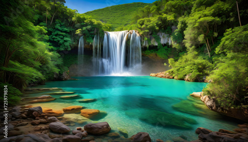 Waterfall. Turquoise Water. Crystal Pool. Nature. Scenic. Cascading. Tranquil. Landscape. Clear Water. Serene. Idyllic. Natural Beauty. Refreshing. Turquoise Cascade. Aquatic Paradise. AI Generated. © Say it with silence.