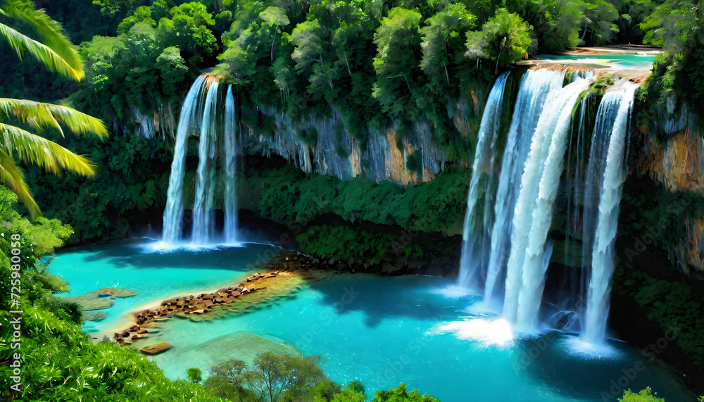 Waterfall. Turquoise Water. Crystal Pool. Nature. Scenic. Cascading. Tranquil. Landscape. Clear Water. Serene. Idyllic. Natural Beauty. Refreshing. Turquoise Cascade. Aquatic Paradise. AI Generated.