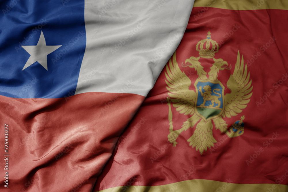 big waving national colorful flag of montenegro and national flag of chile . big waving national colorful flag of montenegro and national flag of chile .