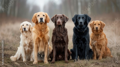 curly coated retriever, golden retriever, labrador, nova scotia duck tolling retriever and flat coated retriever dogs sitting together outdoors