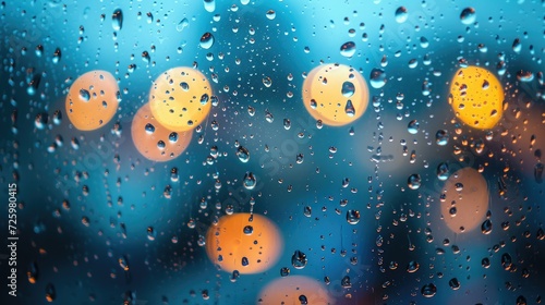 Drops Of Rain On Blue Glass Background. Street Bokeh Lights Out Of Focus. Autumn Abstract Backdrop
