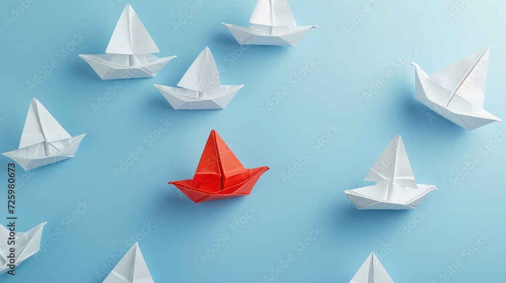 Group of white paper ship in one direction and one red paper ship pointing in different way on blue background. Business for innovative solution concept. Group of white paper ship in one direction and one red paper ship pointing in different way on blue background. Business for innovative solution concept.