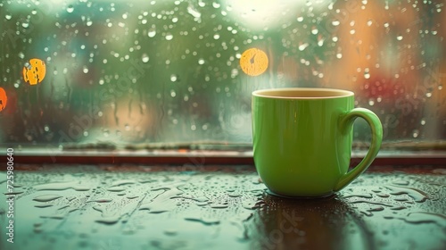 Green mug of hot drink, when behind a window is rain / cozy home atmosphere
