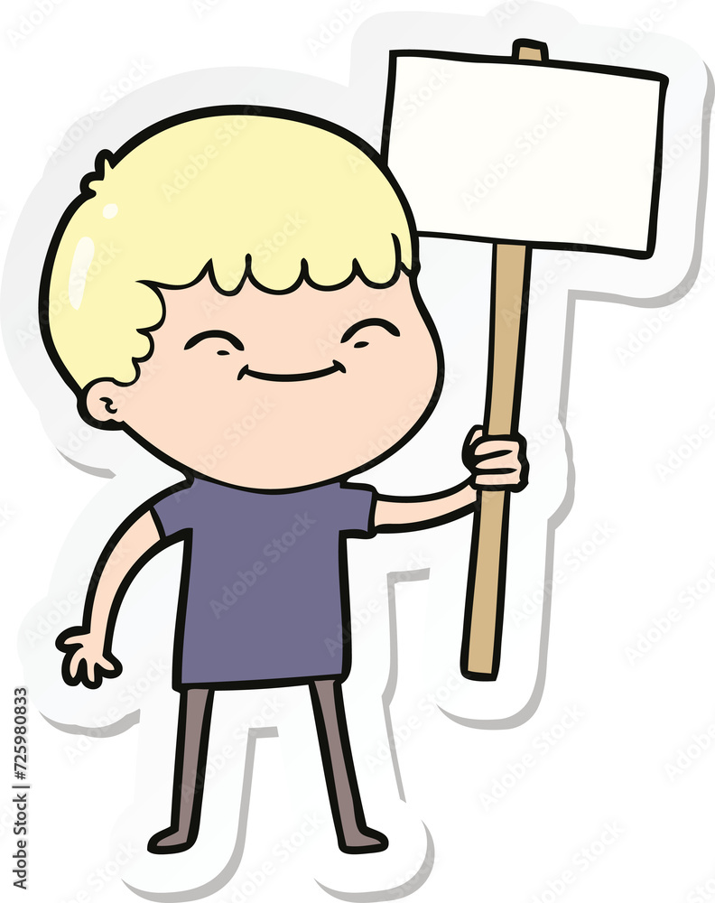 sticker of a cartoon smiling boy with placard sticker of a cartoon smiling boy with placard