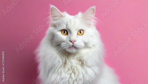 Friendly white Persian cat on a pink background.