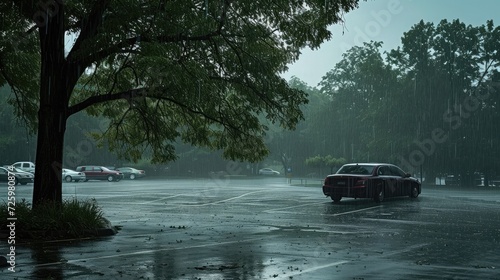 heavy rain and tree in the parking lots