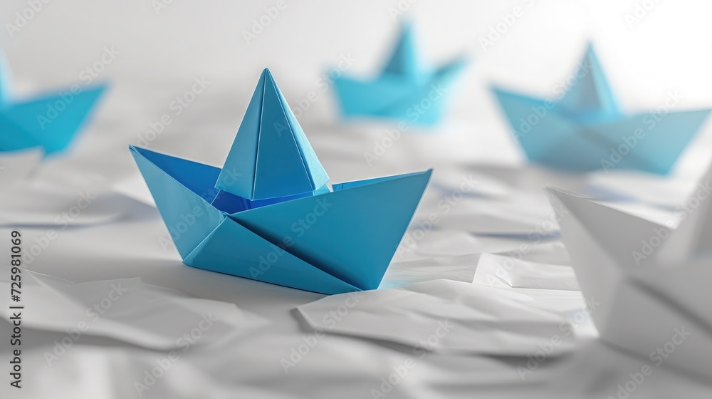Leadership concept with blue paper ship leading among white Leadership concept with blue paper ship leading among white