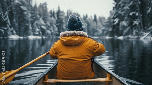 Male traveler in winter coat canoeing © buraratn